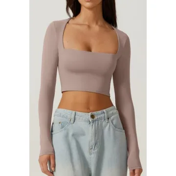 QINSEN Women's Square Neck Long Sleeve Crop Top