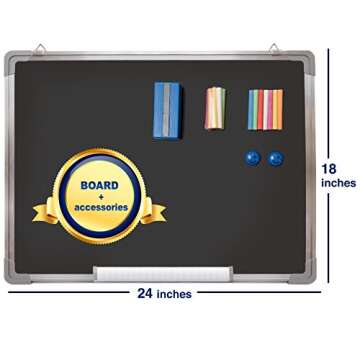 Chalkboard Set - Framed Black Board 24 x 18 inch with 1 Magnetic Eraser, 14 Chalk Sticks (7 Colors) and 2 Magnets - Small Wall Hanging Blackboard with Frame for Home, Kitchen and Kids (24x18)