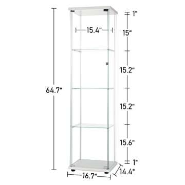 Beauty4U Glass Display Cabinet with 4 Shelves, One-Door Curio Cabinets for Living Room, Bedroom, Office, 64"x 17"x 14.5", White Floor Standing Glass Bookshelf