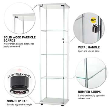 Beauty4U Glass Display Cabinet with 4 Shelves, One-Door Curio Cabinets for Living Room, Bedroom, Office, 64"x 17"x 14.5", White Floor Standing Glass Bookshelf