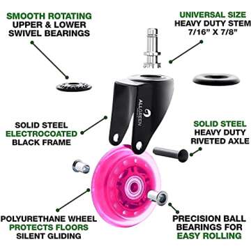 ALLGREEN Gaming Chair Wheels & Office Chair Caster Wheels 5 pcs Replacement Set Casters Heavy Duty Easy Installation and Universal Fit Smooth Rollerblade Swivel Glider-Safe for All Floors (Pink)