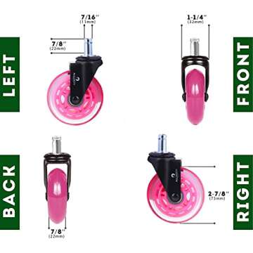 ALLGREEN Gaming Chair Wheels & Office Chair Caster Wheels 5 pcs Replacement Set Casters Heavy Duty Easy Installation and Universal Fit Smooth Rollerblade Swivel Glider-Safe for All Floors (Pink)
