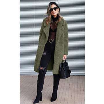 Angashion Women's Fuzzy Fleece Lapel Open Front Long Cardigan Coat Faux Fur Warm Winter Outwear Jackets Army Green L