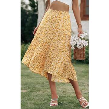 PRETTYGARDEN Ditzy Floral Skirt Midi Boho Elastic High Waist Skirt A-line Long Vintage Skirts for Women Pleated Skirt (O-Yellow,Small)