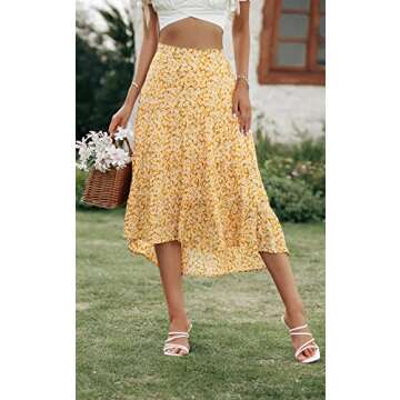 PRETTYGARDEN Ditzy Floral Skirt Midi Boho Elastic High Waist Skirt A-line Long Vintage Skirts for Women Pleated Skirt (O-Yellow,Small)