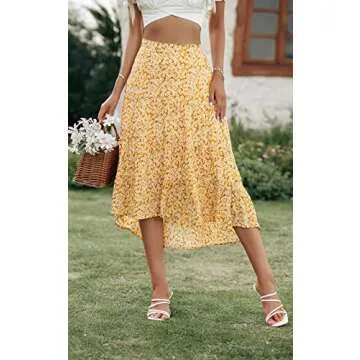 PRETTYGARDEN Ditzy Floral Skirt Midi Boho Elastic High Waist Skirt A-line Long Vintage Skirts for Women Pleated Skirt (O-Yellow,Small)