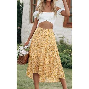 PRETTYGARDEN Ditzy Floral Skirt Midi Boho Elastic High Waist Skirt A-line Long Vintage Skirts for Women Pleated Skirt (O-Yellow,Small)