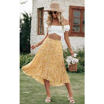 PRETTYGARDEN Ditzy Floral Skirt Midi Boho Elastic High Waist Skirt A-line Long Vintage Skirts for Women Pleated Skirt (O-Yellow,Small)