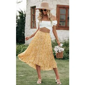 PRETTYGARDEN Ditzy Floral Skirt Midi Boho Elastic High Waist Skirt A-line Long Vintage Skirts for Women Pleated Skirt (O-Yellow,Small)