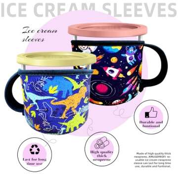 AMUSEPROFI 2 Pack Pint Size Ice Cream Sleeves Cozy Neoprene Cover with Handle, Reusable Neoprene Insulated Ice Cream Sleeves with Handle for Creami Pints, Ice Cream Pints, Frozen Desserts