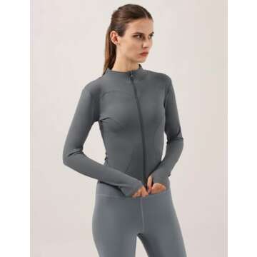 Locachy Women's Lightweight Stretchy Workout Full Zip Running Track Jacket with Thumb Holes Grey S