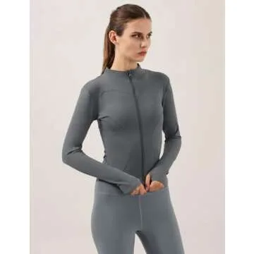 Locachy Women's Lightweight Stretchy Workout Full Zip Running Track Jacket with Thumb Holes Grey S