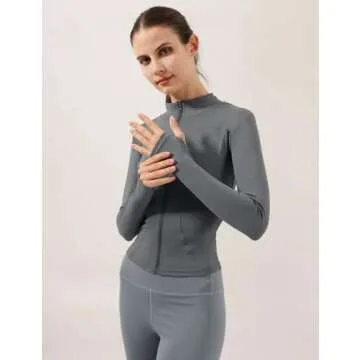 Locachy Women's Lightweight Stretchy Workout Full Zip Running Track Jacket with Thumb Holes Grey S