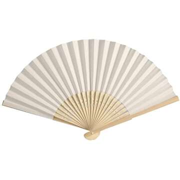 SL crafts 50pcs Paper Hand Fan with Organza Bags Bamboo Handheld Folding Fans DIY Decorative Wedding Party Favors (Cream)