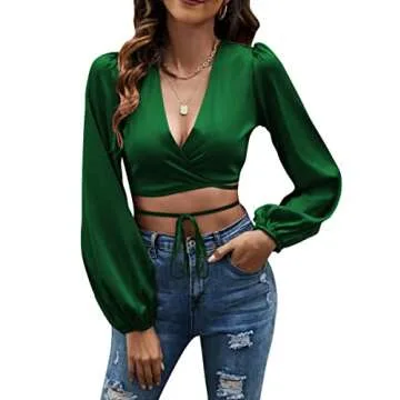 LYANER Satin Wrap V Neck Criss Cross Crop Blouse Top