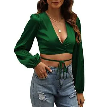 LYANER Satin Wrap V Neck Criss Cross Crop Blouse Top