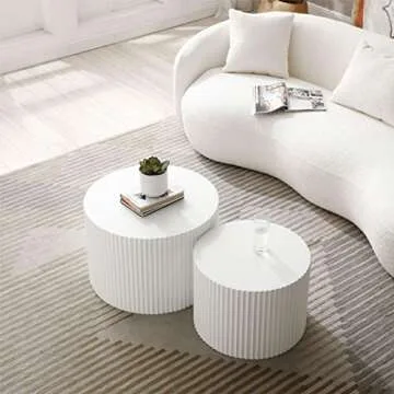 KEVINSPACE Round Coffee Table Set of 2 Nesting Coffee Table Modern for Living Room, Round End Table Set, Wooden Circle Side Table No Need Assembly Accent Furniture for Bedroom Balcony Lounge White