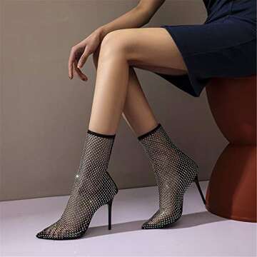 Richealnana Sparkle Rhinestone Women Embellished Cutout High Heel Sandal Ankle High Thigh Socks High Thigh Fishnet Stockings High Heels Dress Pumps Black Size 7.5
