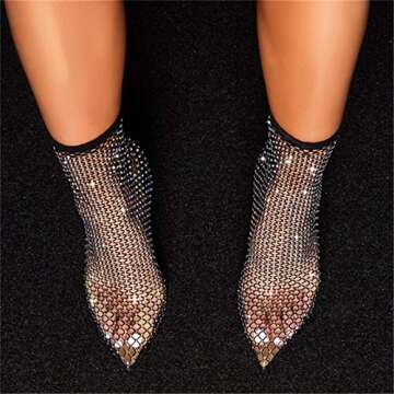 Richealnana Sparkle Rhinestone Women Embellished Cutout High Heel Sandal Ankle High Thigh Socks High Thigh Fishnet Stockings High Heels Dress Pumps Black Size 7.5