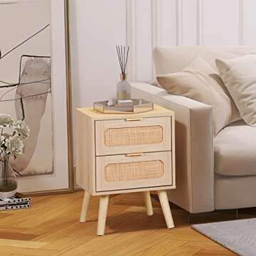 AOTIFARM Nightstands Set of 2 with Drawers Mid Century Modern Bedside Table Rattan Drawer End Storag...