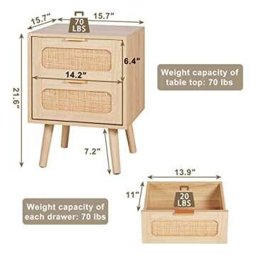 AOTIFARM Nightstands Set of 2 with Drawers Mid Century Modern Bedside Table Rattan Drawer End Storage Wooden Accent Sofa Side for Bedroom Living Room Double 01