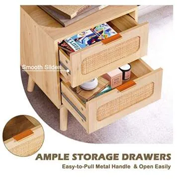 AOTIFARM Nightstands Set of 2 with Drawers Mid Century Modern Bedside Table Rattan Drawer End Storage Wooden Accent Sofa Side for Bedroom Living Room Double 01