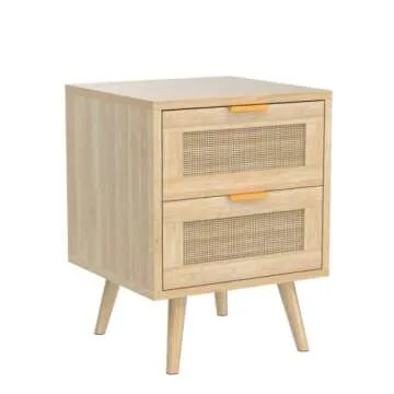 AOTIFARM Nightstands Set of 2 with Drawers Mid Century Modern Bedside Table Rattan Drawer End Storage Wooden Accent Sofa Side for Bedroom Living Room Double 01