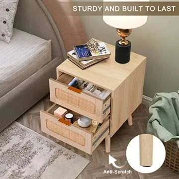 AOTIFARM Nightstands Set of 2 with Drawers Mid Century Modern Bedside Table Rattan Drawer End Storage Wooden Accent Sofa Side for Bedroom Living Room Double 01