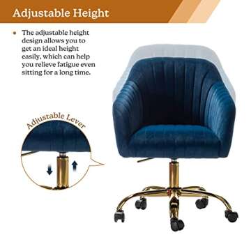 HULALA HOME Velvet Home Office Desk Chair, Modern Cute Computer Task Chair, Wheels Swivel Height Adjustable Upholstered Vanity Chair for Women, Girls (Gold Base, Navy)