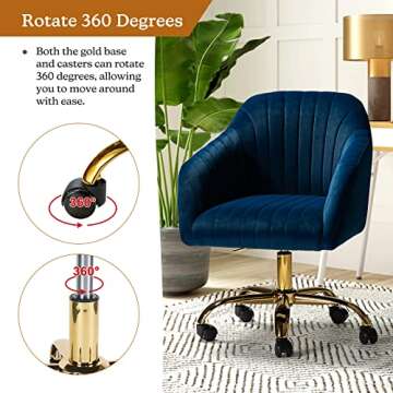 HULALA HOME Velvet Home Office Desk Chair, Modern Cute Computer Task Chair, Wheels Swivel Height Adjustable Upholstered Vanity Chair for Women, Girls (Gold Base, Navy)
