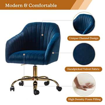 HULALA HOME Velvet Home Office Desk Chair, Modern Cute Computer Task Chair, Wheels Swivel Height Adjustable Upholstered Vanity Chair for Women, Girls (Gold Base, Navy)
