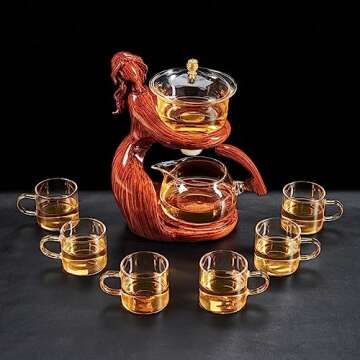 Glass Kungfu Teapot Set Tea maker with Infuser Semi Automatic Tea Set with 6 Small Cups (Red)