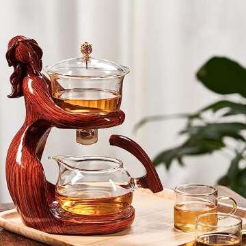 Glass Kungfu Teapot Set Tea maker with Infuser Semi Automatic Tea Set with 6 Small Cups (Red)