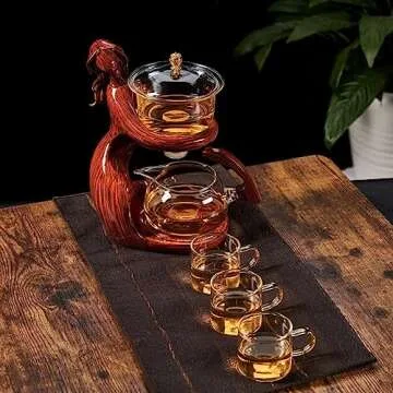 Glass Kungfu Teapot Set Tea maker with Infuser Semi Automatic Tea Set with 6 Small Cups (Red)