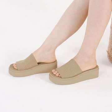 Athlefit Women's Slip On Platform Sandals Comfortable Open Toe Flatform Chunky Taupe Sandals Size 8