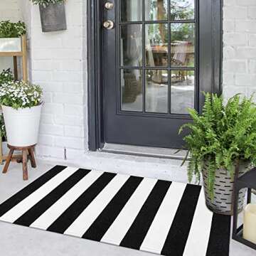 Collive Black and White Outdoor Striped Rug 24"x 51", Cotton Woven Front Porch Rug Christmas Decor,Washable Front Door Rug,Farmhouse Layered Door Mats Outdoor for Entryway
