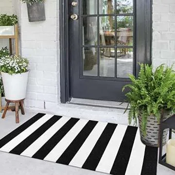 Collive Black and White Outdoor Striped Rug for Entryway