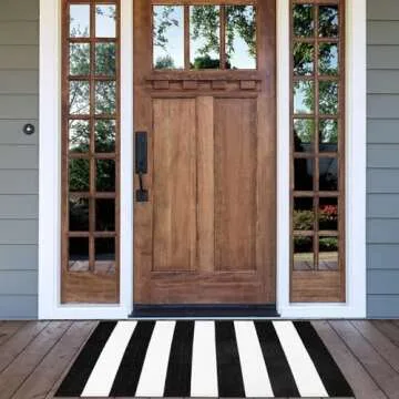 Collive Black and White Outdoor Striped Rug for Entryway
