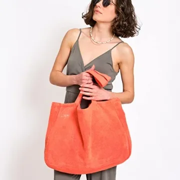 Luzia Cotton Terry Tote Bag - Everyday Use - Extra Large, Reversible, Shoulder Bag - Made of Luxuriously Soft Premium Cotton (Living Coral)