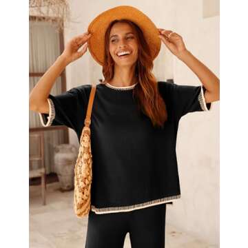 Tanming Womens Lounge Sets 2 Piece Outfits Short Sleeve Knitted Tops Wide Leg Pants Sweater Sets(Black-M)