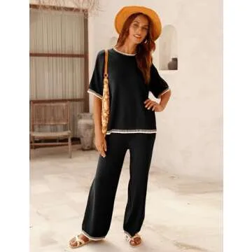 Tanming Womens Lounge Sets 2 Piece Outfits Short Sleeve Knitted Tops Wide Leg Pants Sweater Sets(Black-M)