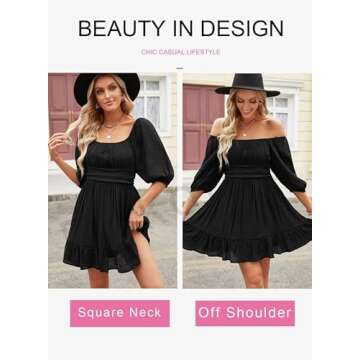 Dokotoo Square Neck Summer Dresses for Women 2025 Tie Backless Sexy Lantern Sleeve Ruffle A-Line Casual Elastic Waist Mini Dress Black Small
