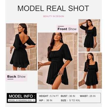 Dokotoo Square Neck Summer Dresses for Women 2025 Tie Backless Sexy Lantern Sleeve Ruffle A-Line Casual Elastic Waist Mini Dress Black Small