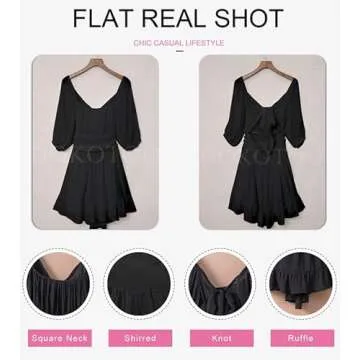 Dokotoo Square Neck Summer Dresses for Women 2025 Tie Backless Sexy Lantern Sleeve Ruffle A-Line Casual Elastic Waist Mini Dress Black Small