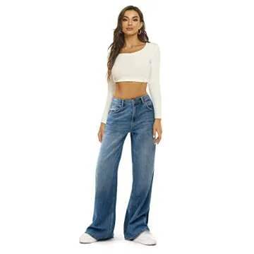 HDLTE Women Baggy Wide Leg Ripped Jeans - Light Blue Fashion