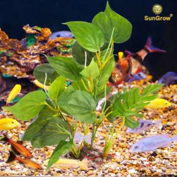 SunGrow Plastic Leaf Plant, Heavy-Duty Ceramic Base, Hiding Spot for Fish, Betta, Angelfish, Gold Fi...