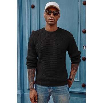 PJ PAUL JONES Mens Sweaters Crew Neck Waffle Cable Knit Pullover Sweater Black Sweater for Men