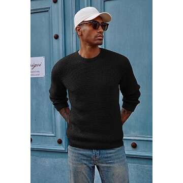 PJ PAUL JONES Mens Sweaters Crew Neck Waffle Cable Knit Pullover Sweater Black Sweater for Men