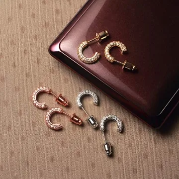Wowshow Small Half Hoop Stud Earrings with Cubic Zirconia