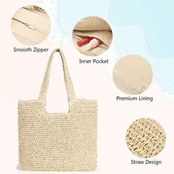 Sightor Straw Beach Bag, Women Tote Bag Woven Shoulder Bag, Handmade Large Summer Handbag Hobo Bag f...